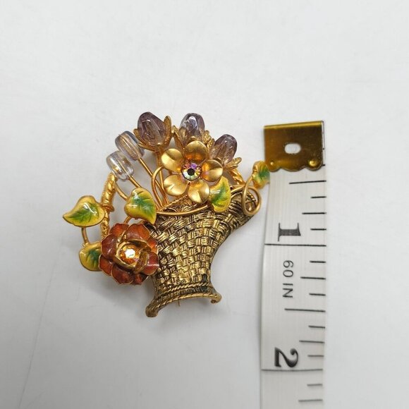 Vintage Floral Basket Brooch With Rhinestone Accents Enamel Details - Picture 5 of 5